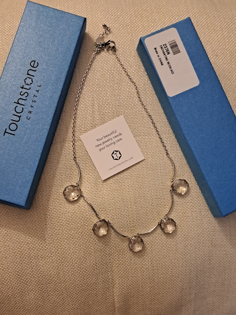 Touchstone Crystal Silver Clear Drop Necklace with Five Faceted Crystals